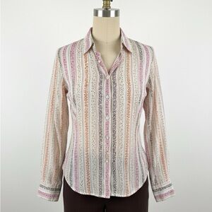 VINTAGE Robert Graham Striped and Dotted Sheer Button Down Top